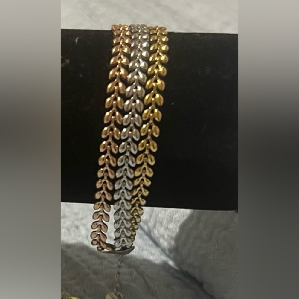 Stainless Steel Tri-Tone Leaf Link Bracelet - Gold, Silver, Rose Gold